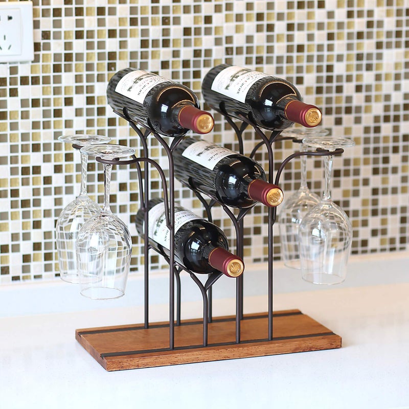 ALLCENER Tabletop Wood Wine Holder, Countertop Wine Rack, Hold 4 Wine Bottles and 4 Glasses, Perfect for Home Decor & Kitchen Storage Rack, Bar, Wine Cellar, Cabinet, Pantry, etc, Wood & Metal (Bronze) - Image 5